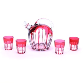 Rum Jug And Whiskey Tumblers, Brilliant Period Cut Glass, Cranberry Cut To Clear