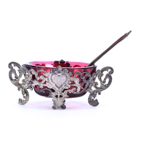 Oval Salt Dip, Cased Cranberry Art Glass Insert