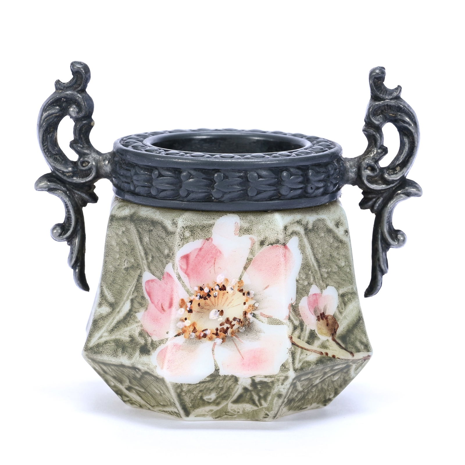 Toothpick Holder, Two Handles, Marked Kelva: Toothpick Holder, Two Handles, Marked Kelva, 2.5" x 3", Green Mottled Ground, Pink Floral Decor, Eight Sided, Grady And Annette Hite Collection, NC.