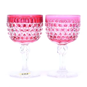 Pair Wine Stems, American Brilliant Cut Glass, Cranberry Cut To Clear