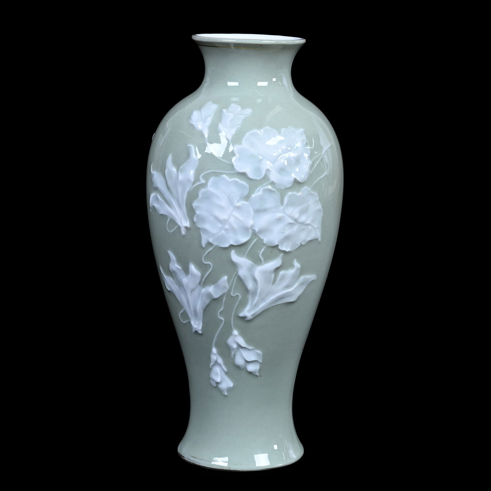 Vase, R.S. Steeple Mark, Pate Sur Pate Green Body With Raised White Floral Decor (1 of 3)