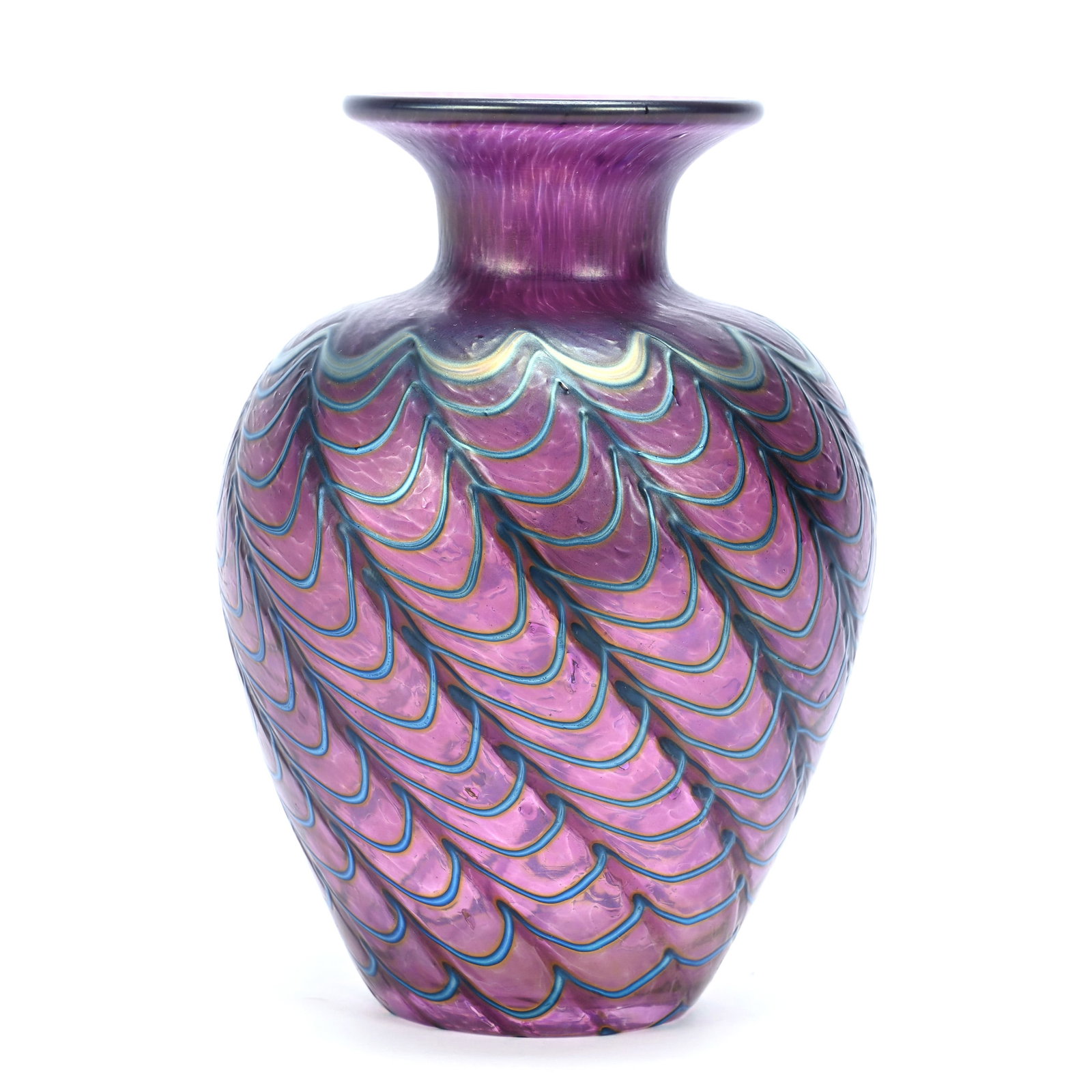 Vase, Contemporary Art Glass, Signed Robert Held: Vase, Contemporary Art Glass, Signed Robert Held, 5" x 3.75", Amethyst With Pulled Web Design, Grady And Annette Hite Collection, NC.