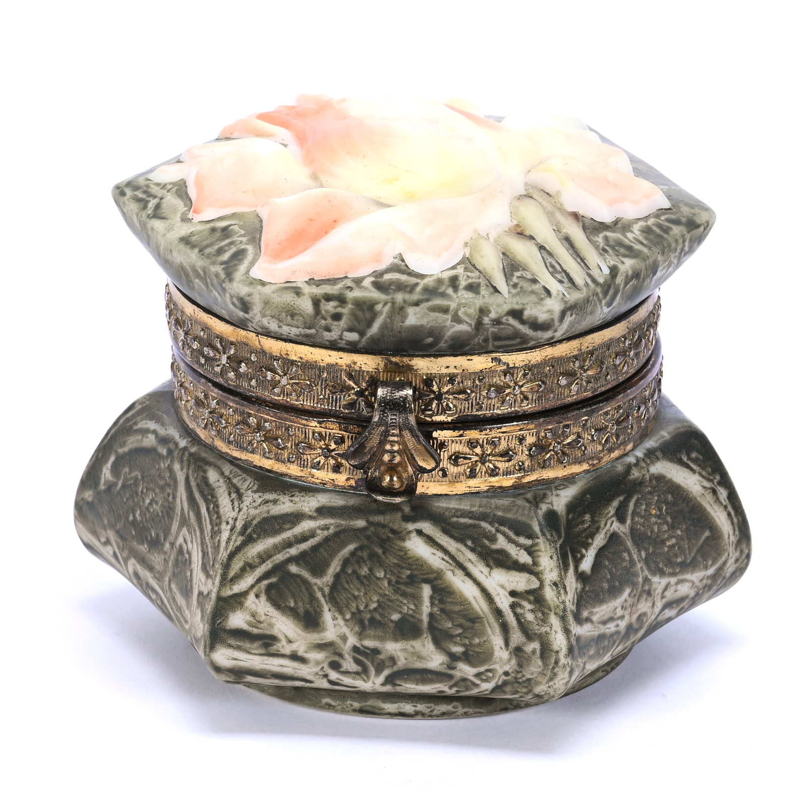 Jewel Box Marked Kelva, Blown Mold Rose Lid: Jewel Box Marked Kelva, Blown Mold Rose Lid, 3" x 3.5", Six-Sided, Green Mottled Ground, Grady And Annette Hite Collection, NC.