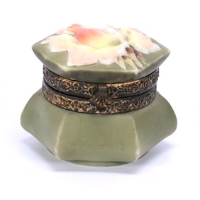 Jewel Box Marked Nakara, Blown Mold Rose Lid