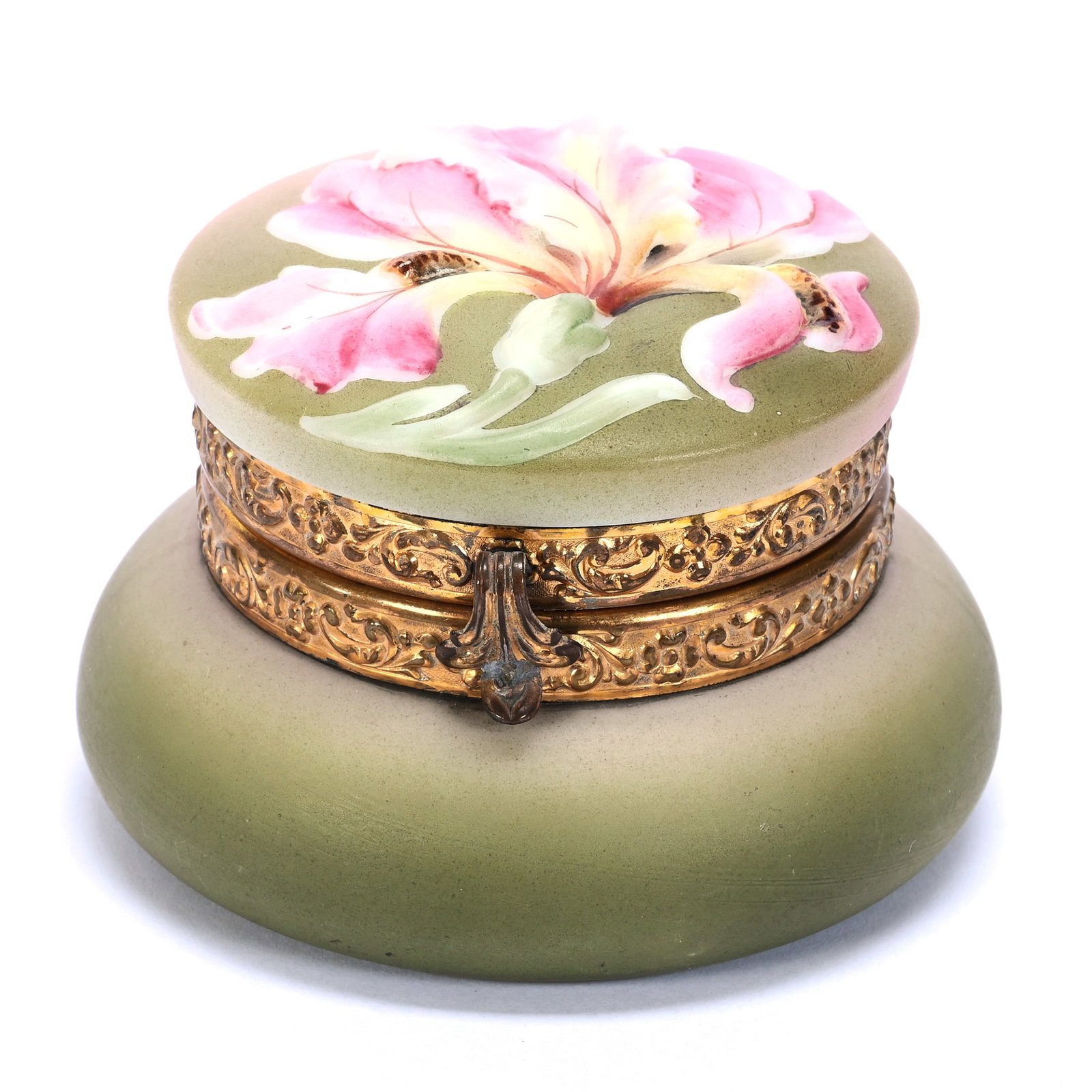 Jewel Box Marked Nakara, Blown Mold Iris Lid: Jewel Box Marked Nakara, Blown Mold Iris Lid, 2.5" x 3.75", Green And Cream Tones, Original Lining, Grady And Annette Hite Collection, NC.