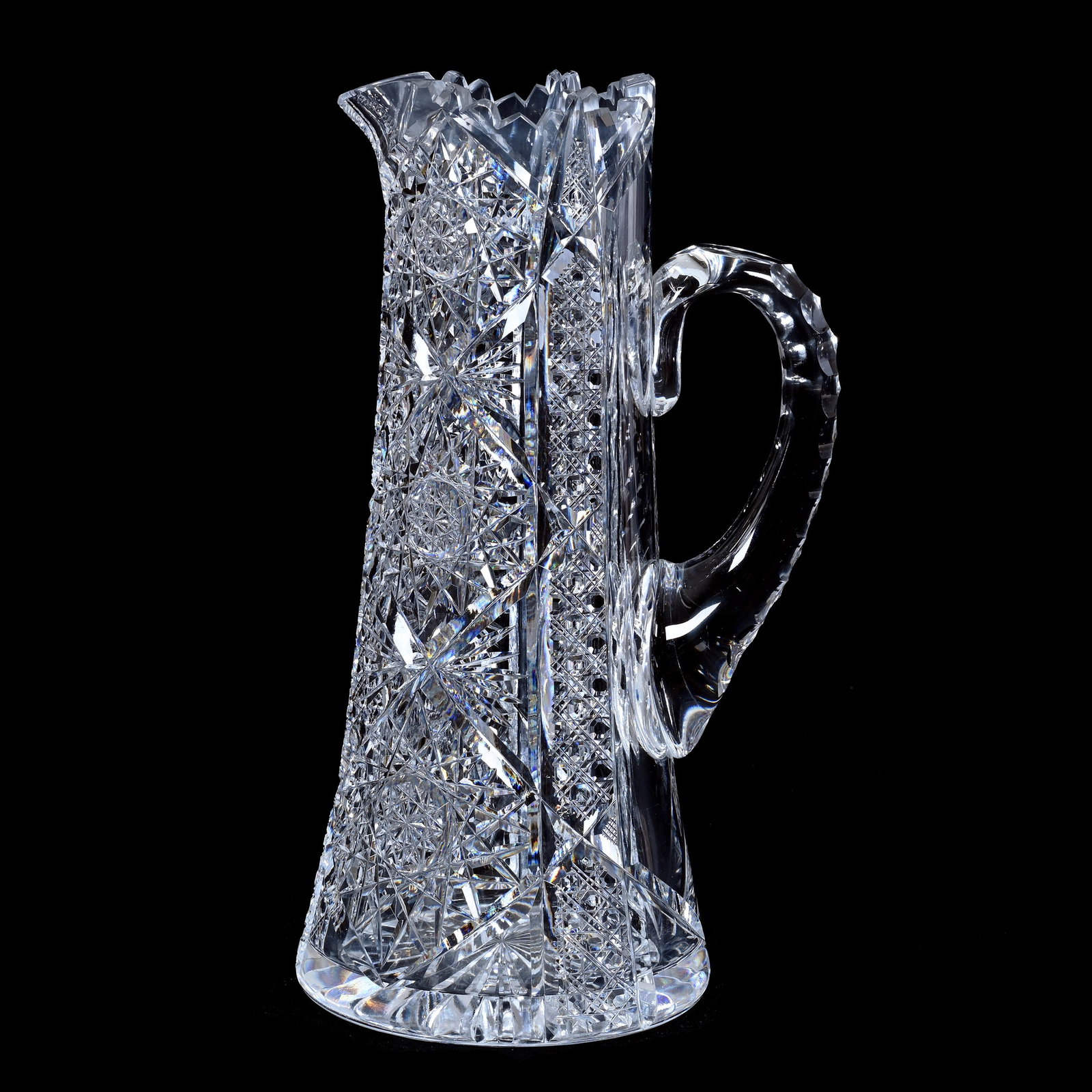 Tankard, American Brilliant Cut Glass, Hobstar, Cane And Fan Motif: Tankard, American Brilliant Cut Glass, Hobstar, Cane And Fan Motif, 11.25" x 6", Triple Notched Handle, Ray Cut Base, Grady And Annette Hite Collection, NC.