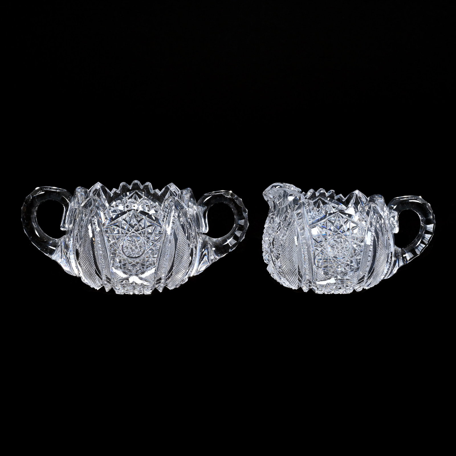 Creamer And Sugar, ABCG, Hobstar, Vesica, Strawberry Diamond And Prism Motif: Creamer And Sugar, American Brilliant Cut Glass, Hobstar, Vesica, Strawberry Diamond And Prism Motif, 3" x 6.5", Triple Notched Handles, Nice Pair, Sugar Has Tooth Chips, Grady And Annette Hite Collec