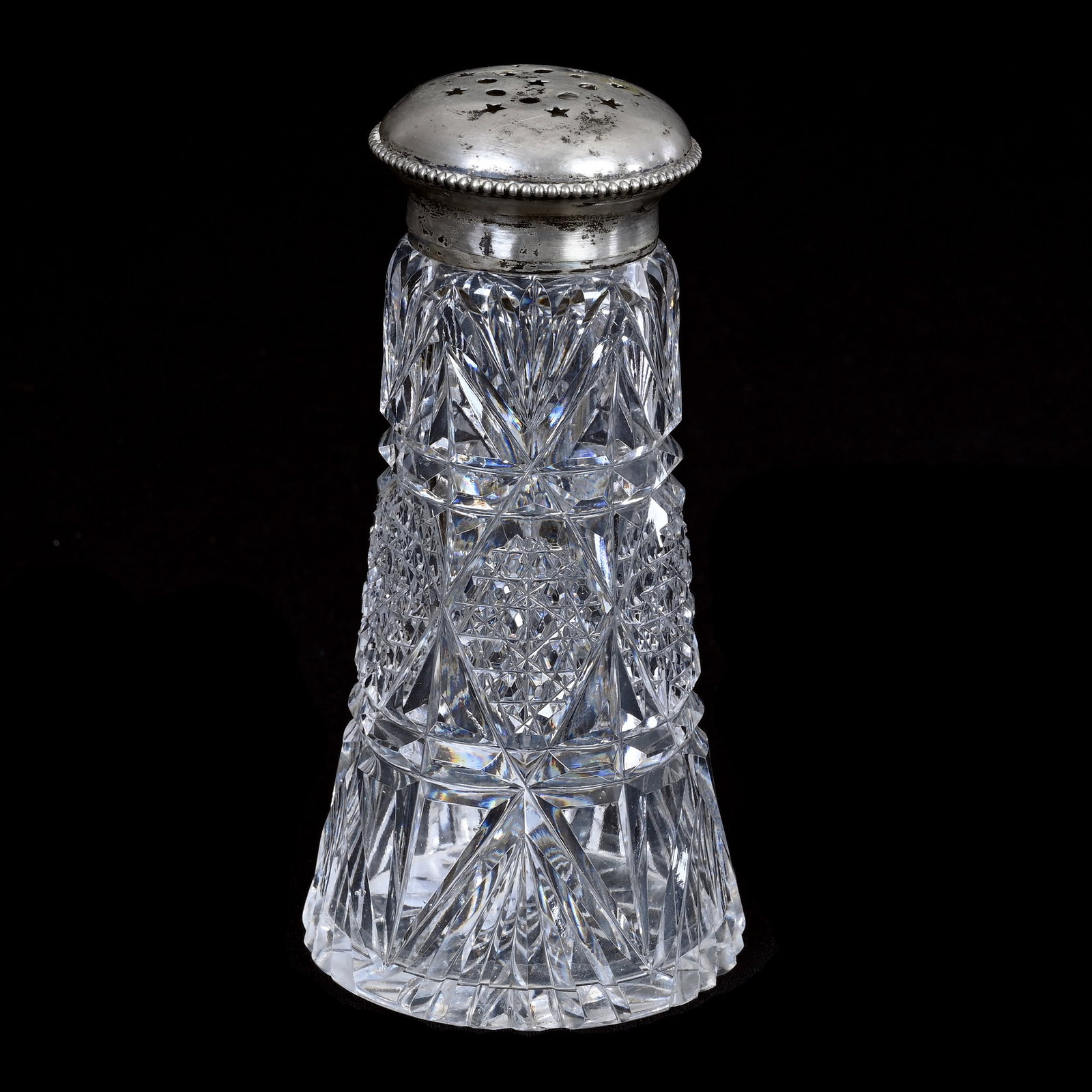 Sugar Shaker, American Brilliant Cut Glass, Diamond, Miter, Nailhead Diamond And Fan Motif: Sugar Shaker, American Brilliant Cut Glass, Diamond, Miter, Nailhead Diamond And Fan Motif, 5.75" x 2.75", Marked Wilcox Sterling Silver Top, Pattern Featured In ACGA Meriden Catalog Reprint, Page 122