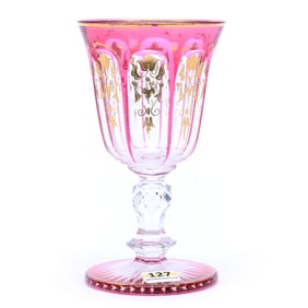 Goblet, Brilliant Period Cut Glass, Cranberry Cut To Clear