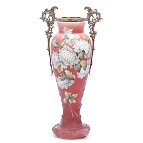 Vase Marked Nakara, Salmon With Blue Floral Decor