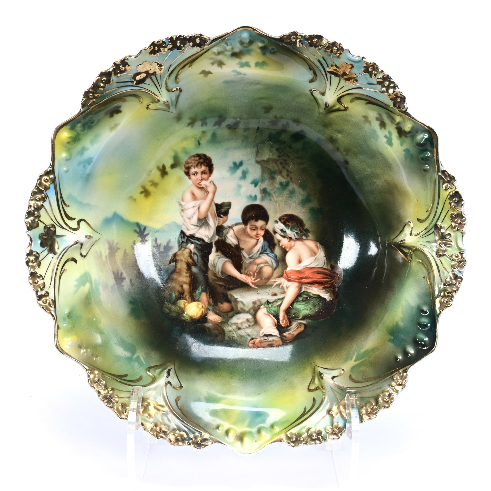 Bowl Marked R.S. Prussia, Point And Clover Mold, Dice Throwers Scenic Decor: Bowl Marked R.S. Prussia, Point And Clover Mold, Dice Throwers Scenic Decor, 10.5", Green Tones, Nice Gold Trim Highlights, Grady And Annette Hite Collection, NC.