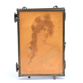 Triptych Vanity Mirror, Two Celluloid Panels With Portraits Of Women