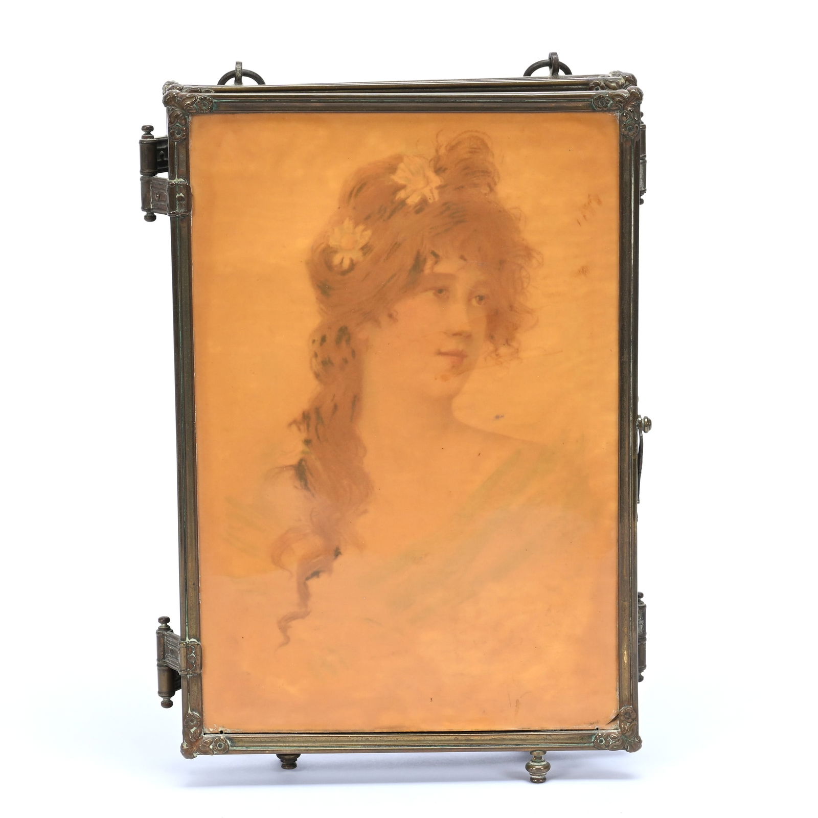 Triptych Vanity Mirror, Two Celluloid Panels With Portraits Of Women (1 of 4)