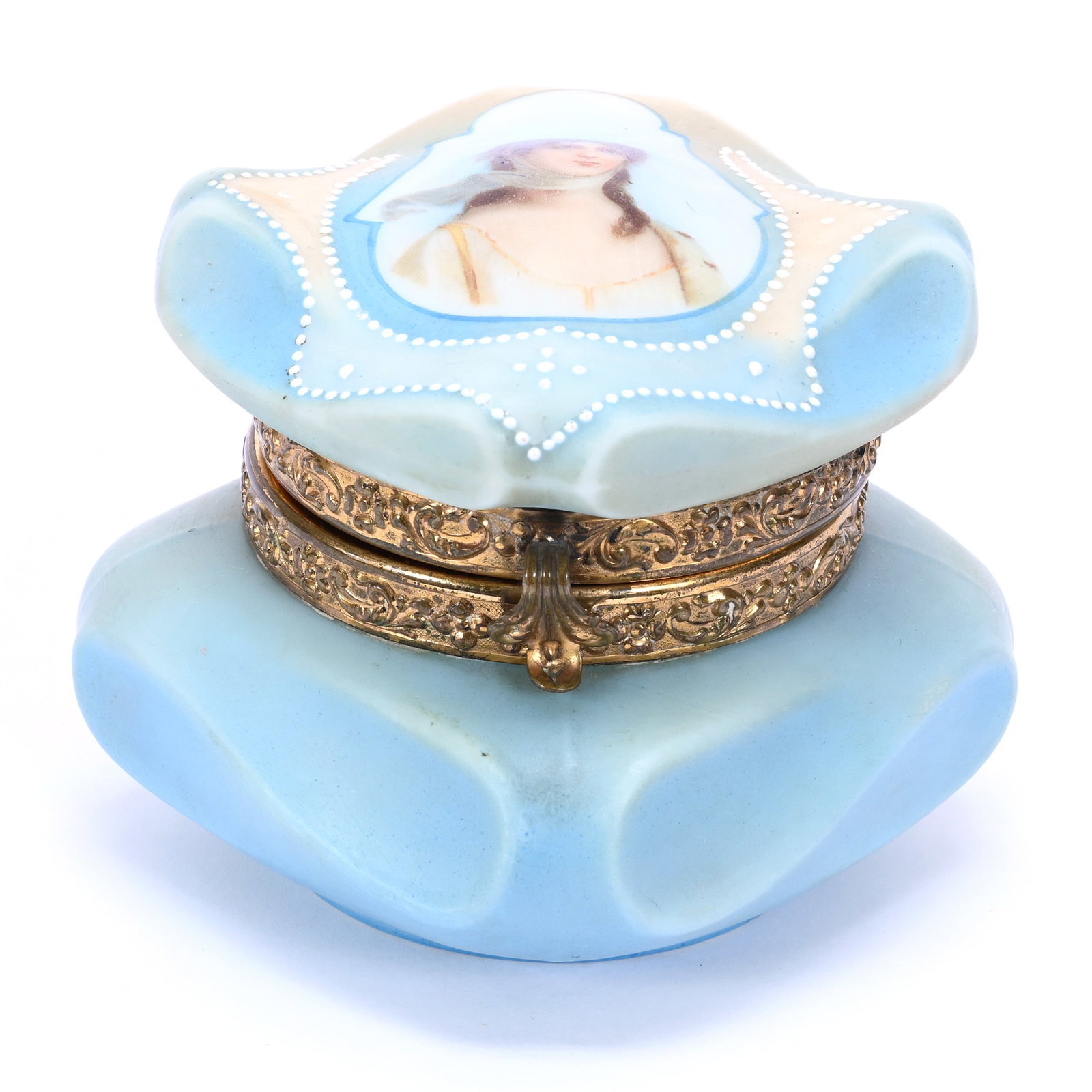 Jewel Box Marked Nakara, Bishop's Hat Mold: Jewel Box Marked Nakara, Bishop's Hat Mold, 3.25" x 4.25", Blue And Cream Tones, Portrait Of Queen Louisa, White Enamel Beaded Tapestry Highlights, Grady And Annette Hite Collection, NC.