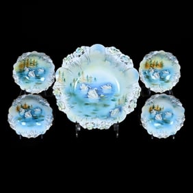 Berry Set, Marked R.S. Prussia, Icicle Mold, Blue And Yellow Tones With Swan Scenic Decor
