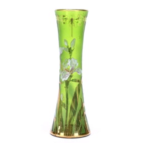Corset Vase, Unmarked French Enamel Art Glass, Green With Acid Cut Ground