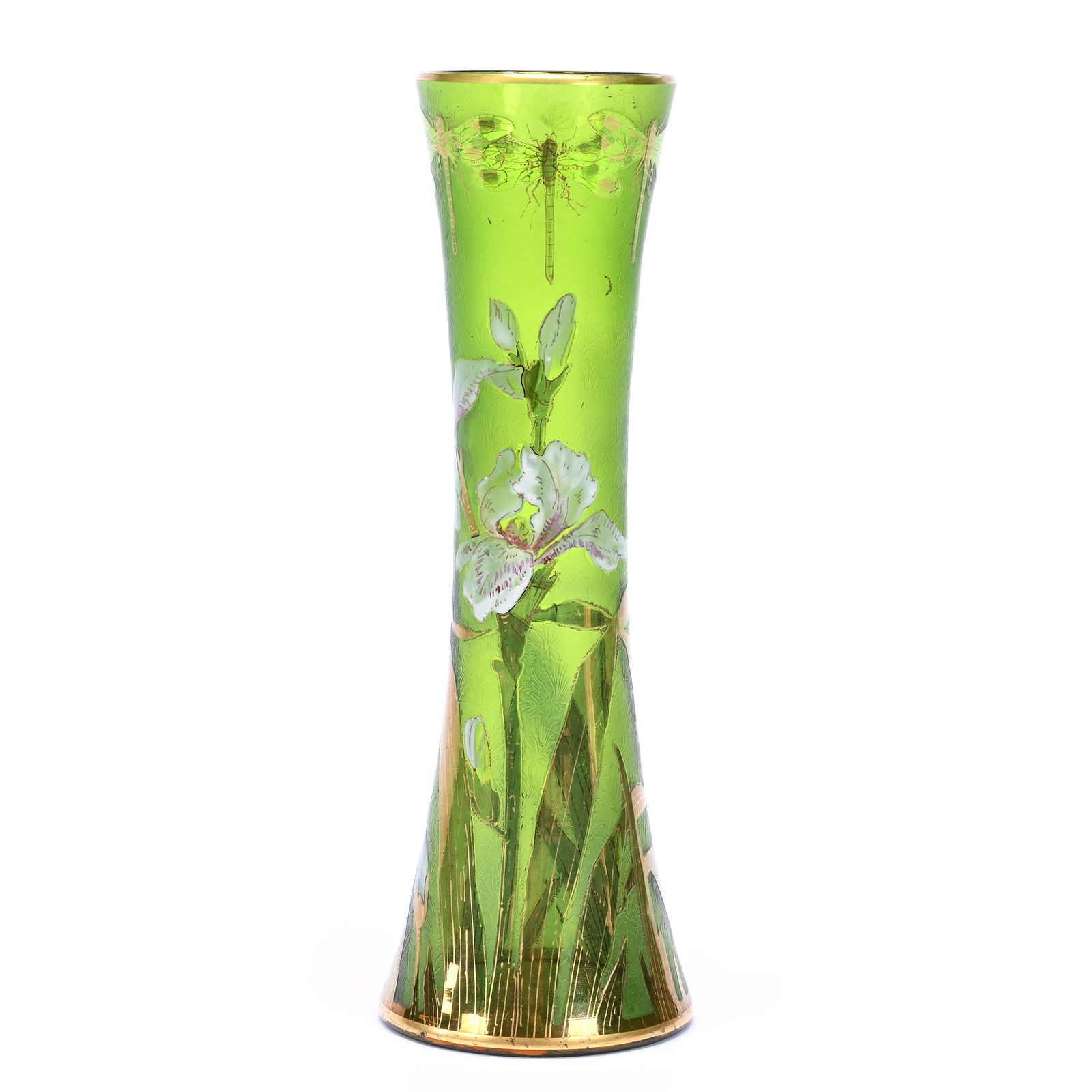 Corset Vase, Unmarked French Enamel Art Glass, Green With Acid Cut Ground (1 of 3)