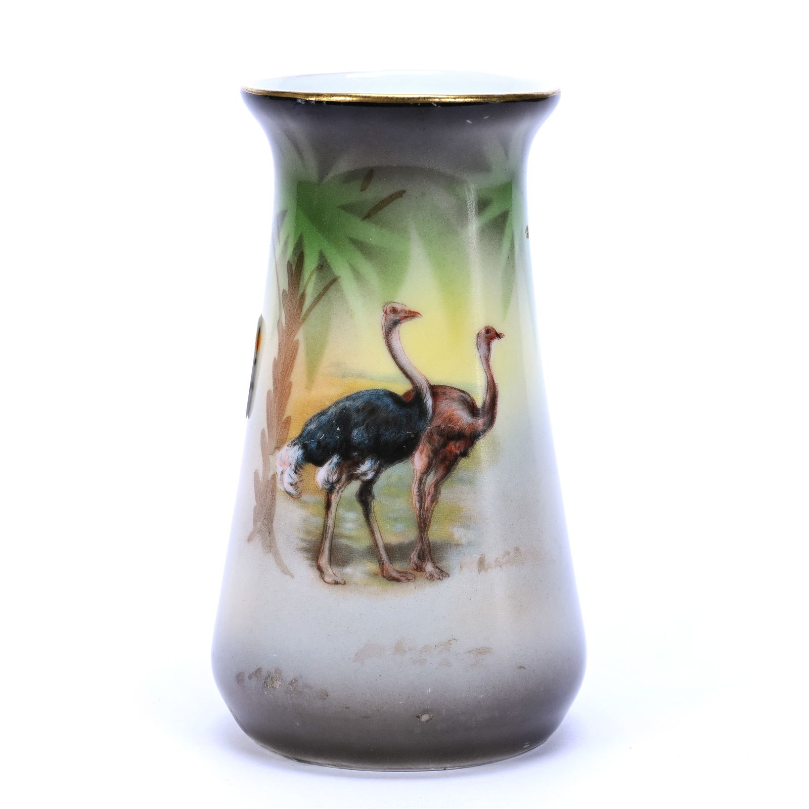 Vase Marked R.S. Tillowitz, Grey, Green, And Yellow Tones With Rare Ostrich Scenic Decor (1 of 3)