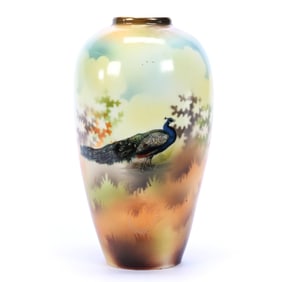Vase, Unmarked R.S. Prussia, Brown, Yellow, Green, And Blue Tones With Peacock Scenic Decor