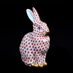 Figurine, Seated Rabbit, Porcelain, Marked Herend, Red And White Fishnet Design