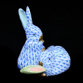 Figurine, Two Rabbits Eating Corn, Porcelain, Marked Herend, Blue And White Fishnet Design