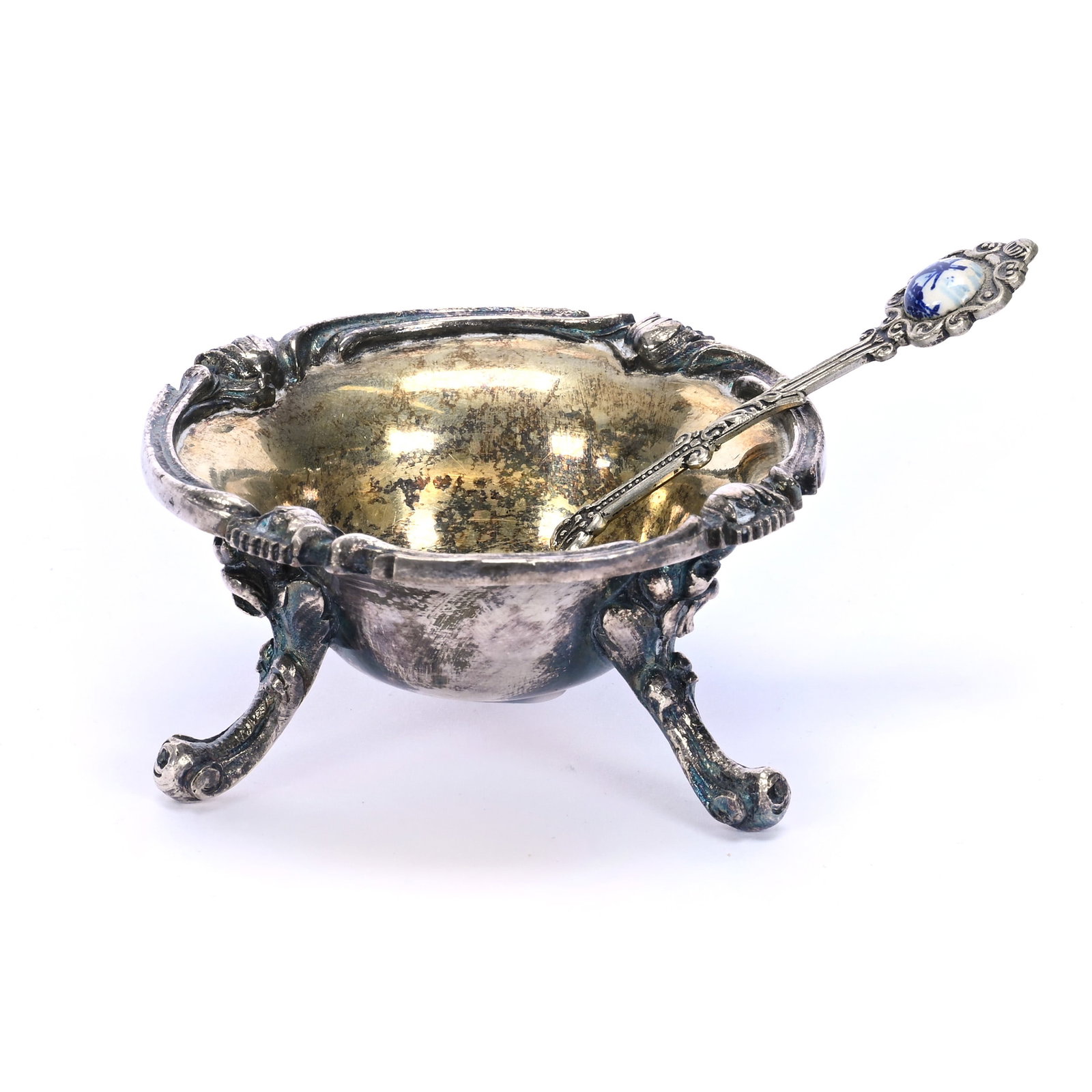 Salt Dip, Marked Cristofle (Silver Plate) - Embossed Tulip Design - Sells With Dutch Salt Spoon: Salt Dip, Marked Cristofle (Silver Plate) - Embossed Tulip Design - Sells With Dutch Salt Spoon, 1.5" x 2.75", Grady And Annette Hite Collection, NC.