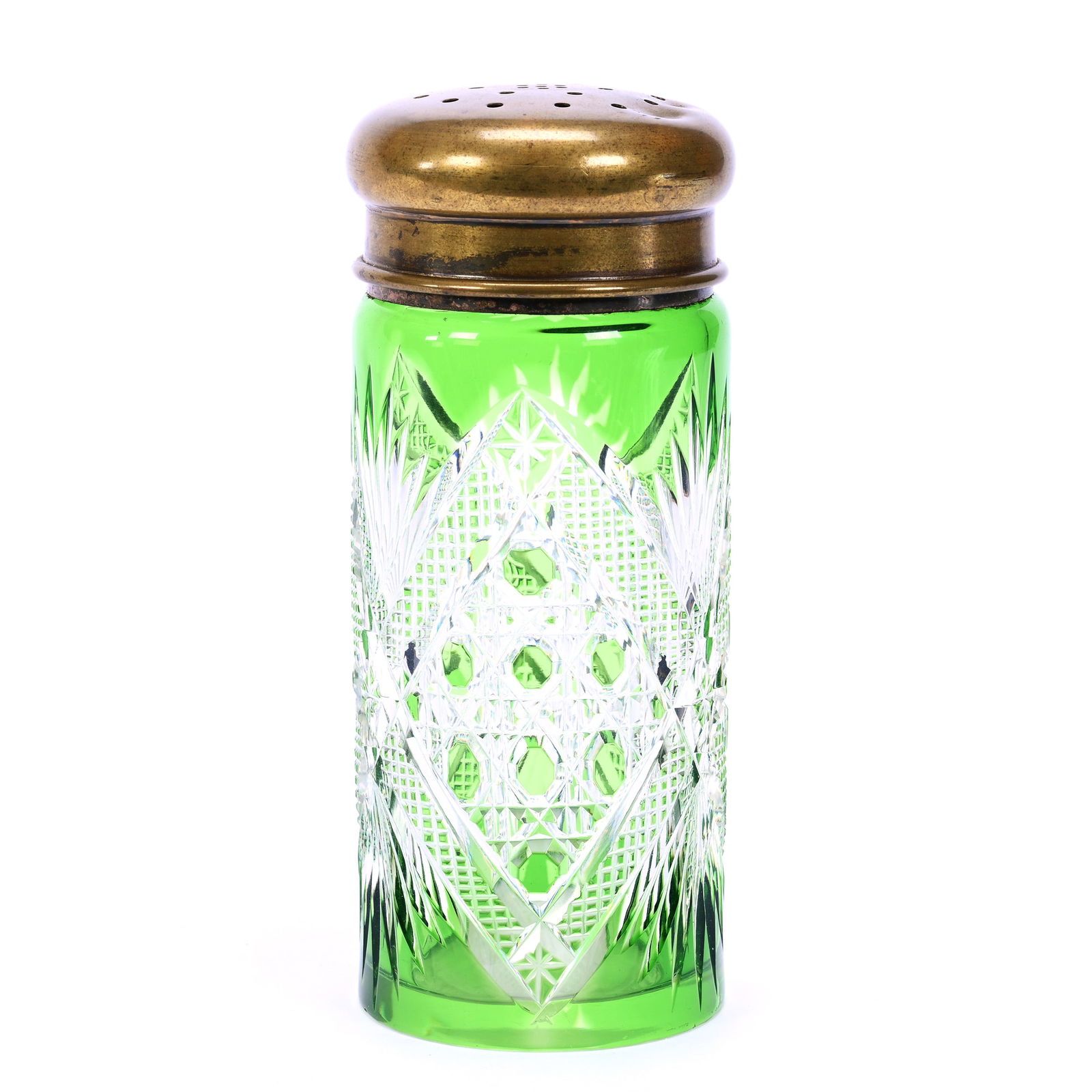 Sugar Shaker, BPCG Green Cut To Clear - Cane, File And Fan Motif - Brass Colored Top (1 of 4)