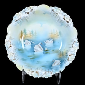 Bowl, Marked R.S. Prussia, Icicle Mold, Blue And Yellow Tones With Swan Scenic Decor