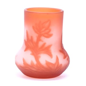 Toothpick Holder, French Cameo Art Glass, Signed Vessiere Nancy, Orange Over White Cutback Overlay