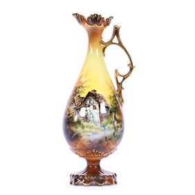 Pedestaled Ewer, Marked Crown Viersa, Brown And Yellow Tones With Mill Scene Scenic Decor