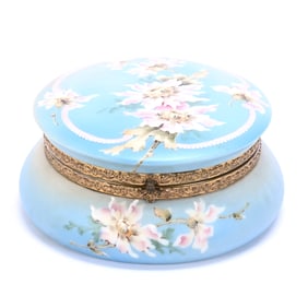 Dresser Box, Marked Nakara, Blue And Cream Tones With Pink Floral Decor