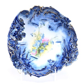 Fold Over Bowl, R.S. Prussia Steeple Mark, Cobalt Blue And White With Blue Floral Decor