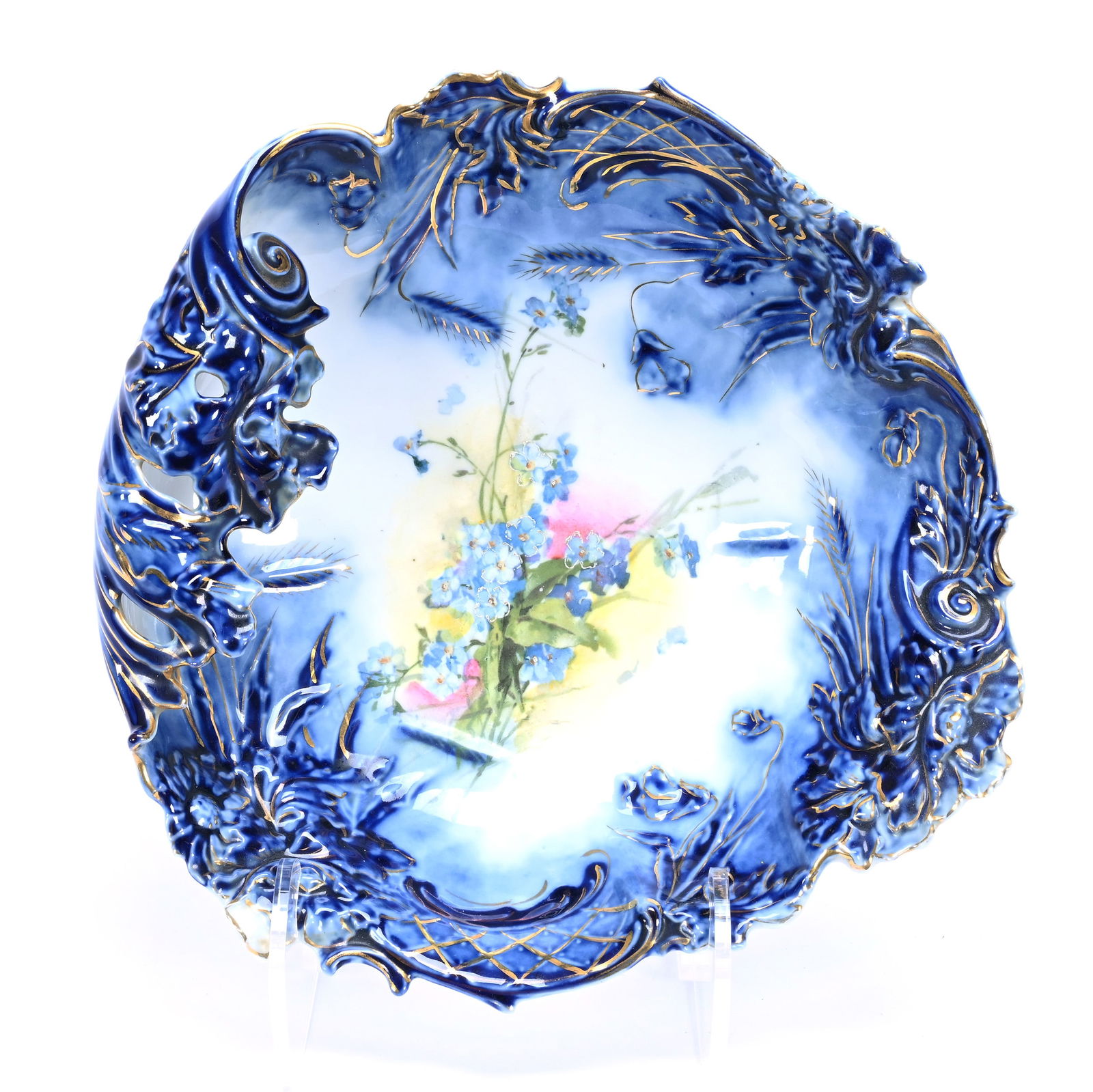 Fold Over Bowl, R.S. Prussia Steeple Mark, Cobalt Blue And White With Blue Floral Decor (1 of 2)