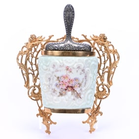 Whisk Broom Holder, Wave Crest Stamp Mark, Fancy Scroll Mold, Green And White Tones With Floral