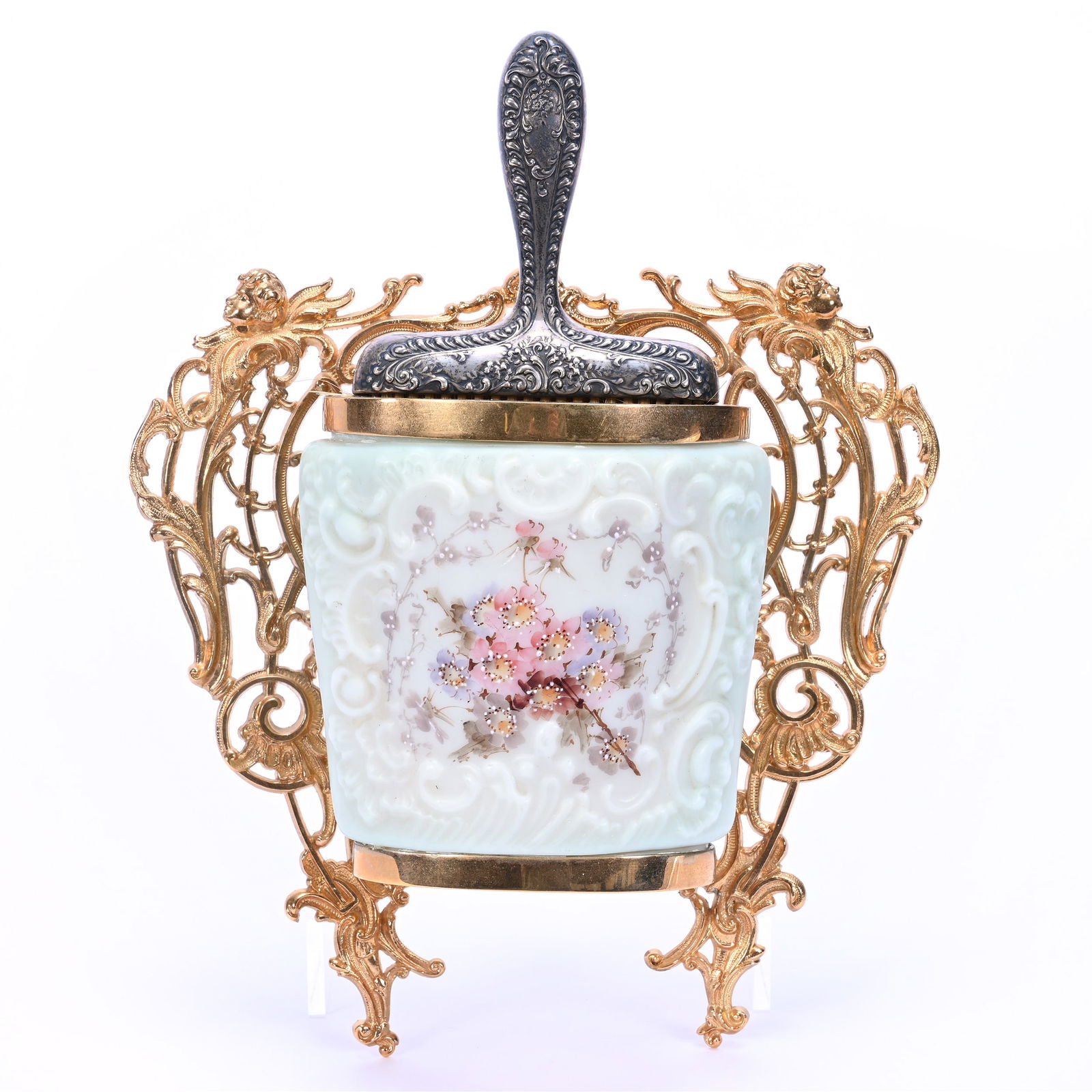 Whisk Broom Holder, Wave Crest Stamp Mark, Fancy Scroll Mold, Green And White Tones With Floral (1 of 2)