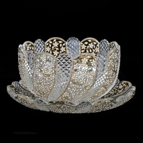 Finger Bowl And Underplate, Brilliant Period Cut Glass, Swirled Tusk And Diamond Design