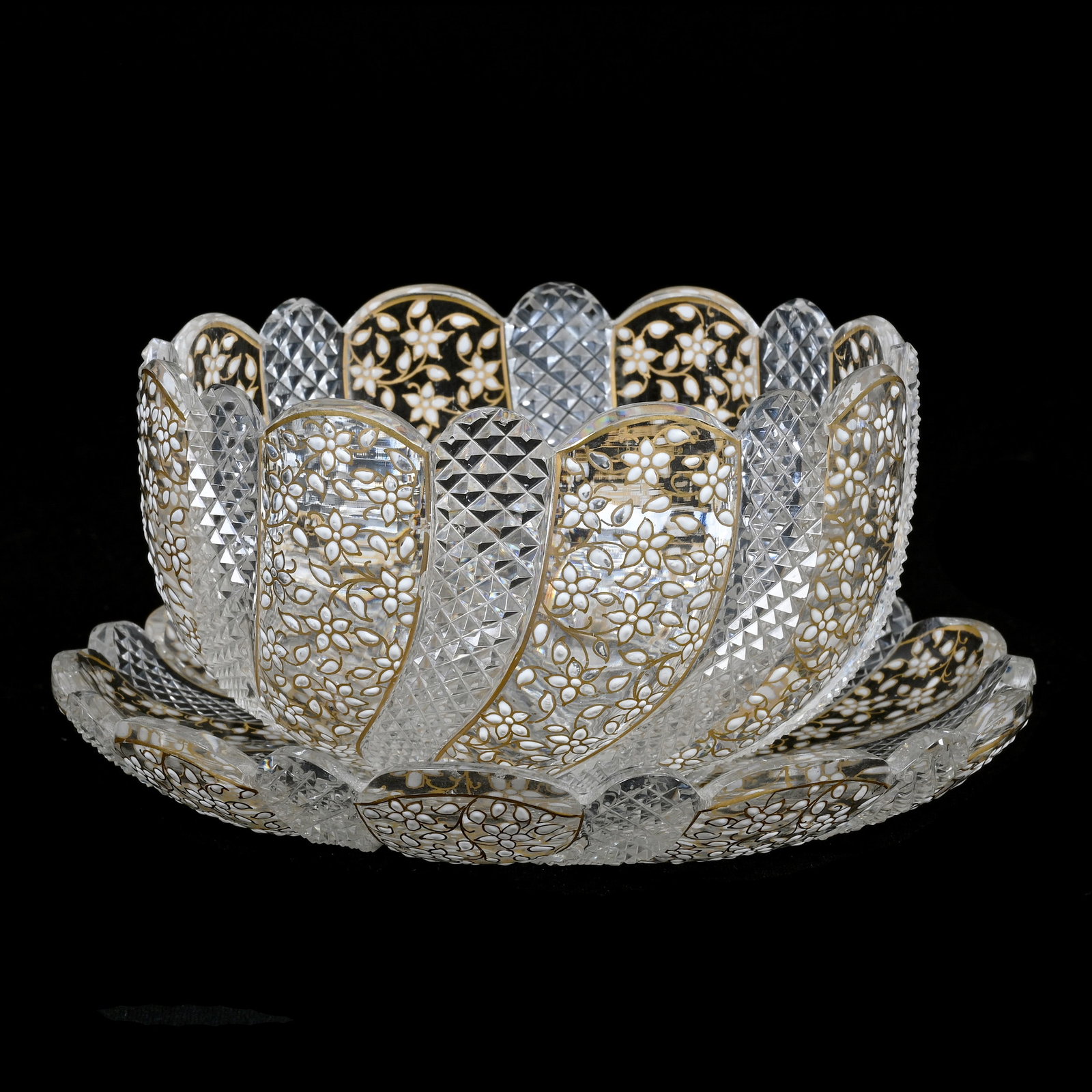 Finger Bowl And Underplate, Brilliant Period Cut Glass, Swirled Tusk And Diamond Design: Finger Bowl And Underplate, Brilliant Period Cut Glass, Swirled Tusk And Diamond Design, 3" x 6", Enameled Floral Highlights, Nice Quality, Underplate Has Rim Chip, Grady And Annette Hite Collection, 