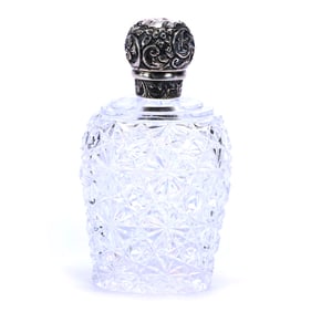 Pocket Flask, ABCG, Russian Pattern With Clear Cut Buttons, Embossed Silver Twist Cap