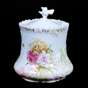 Biscuit Jar, Unmarked R.S. Prussia, Hidden Image Mold, White And Pink With Colorful Floral Decor