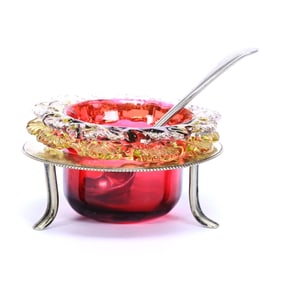 Salt Dip, Cranberry Art Glass Insert With Clear And Vaseline Applied Rigaree, Set On Silver Plate