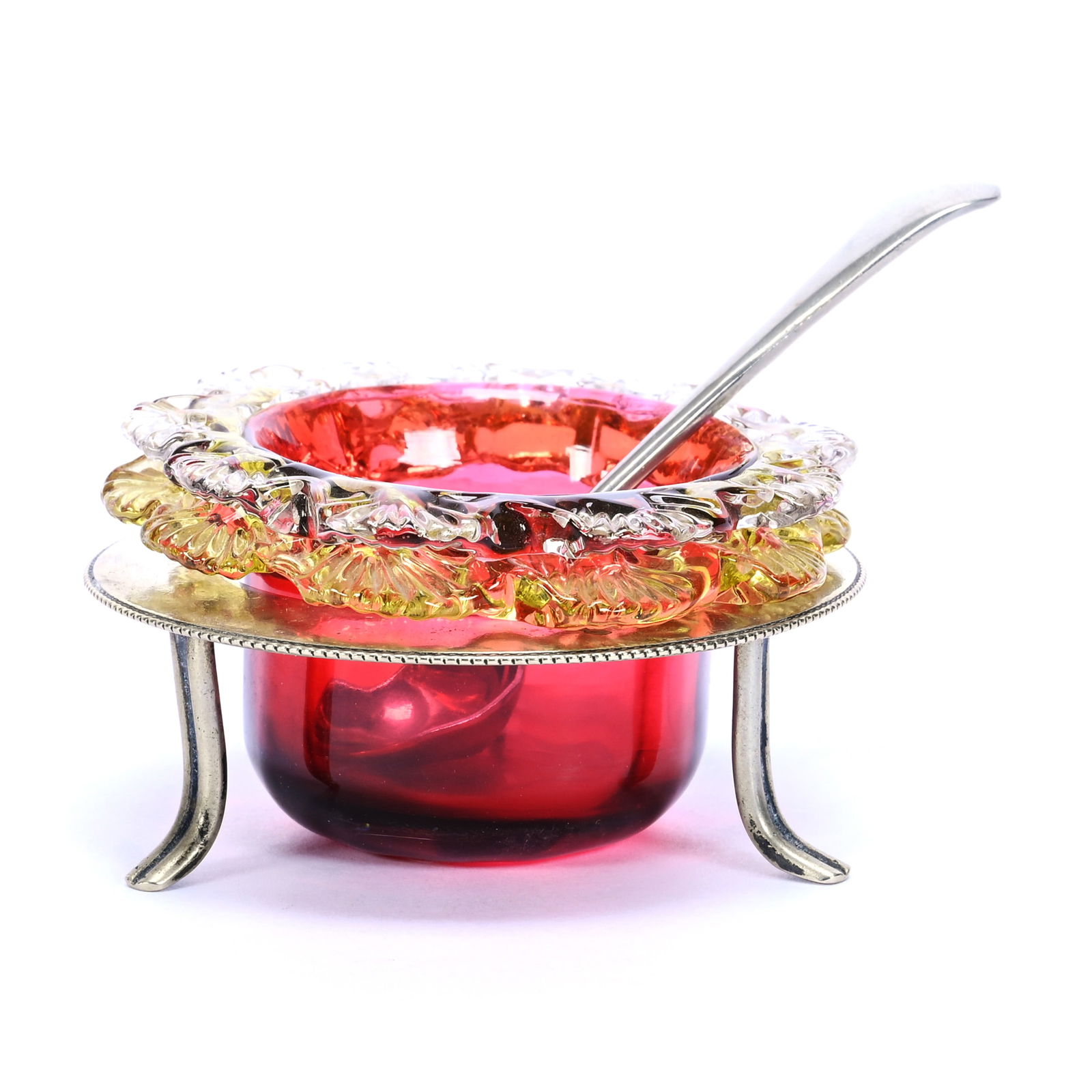 Salt Dip, Cranberry Art Glass Insert With Clear And Vaseline Applied Rigaree, Set On Silver Plate (1 of 4)