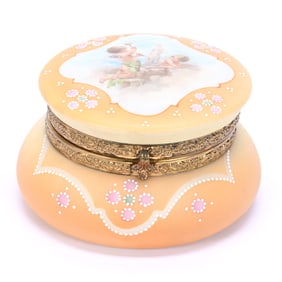 Jewel Box, Marked Nakara, Orange And Cream Tones With Scene Of Cherubs Creating Statue In Clouds