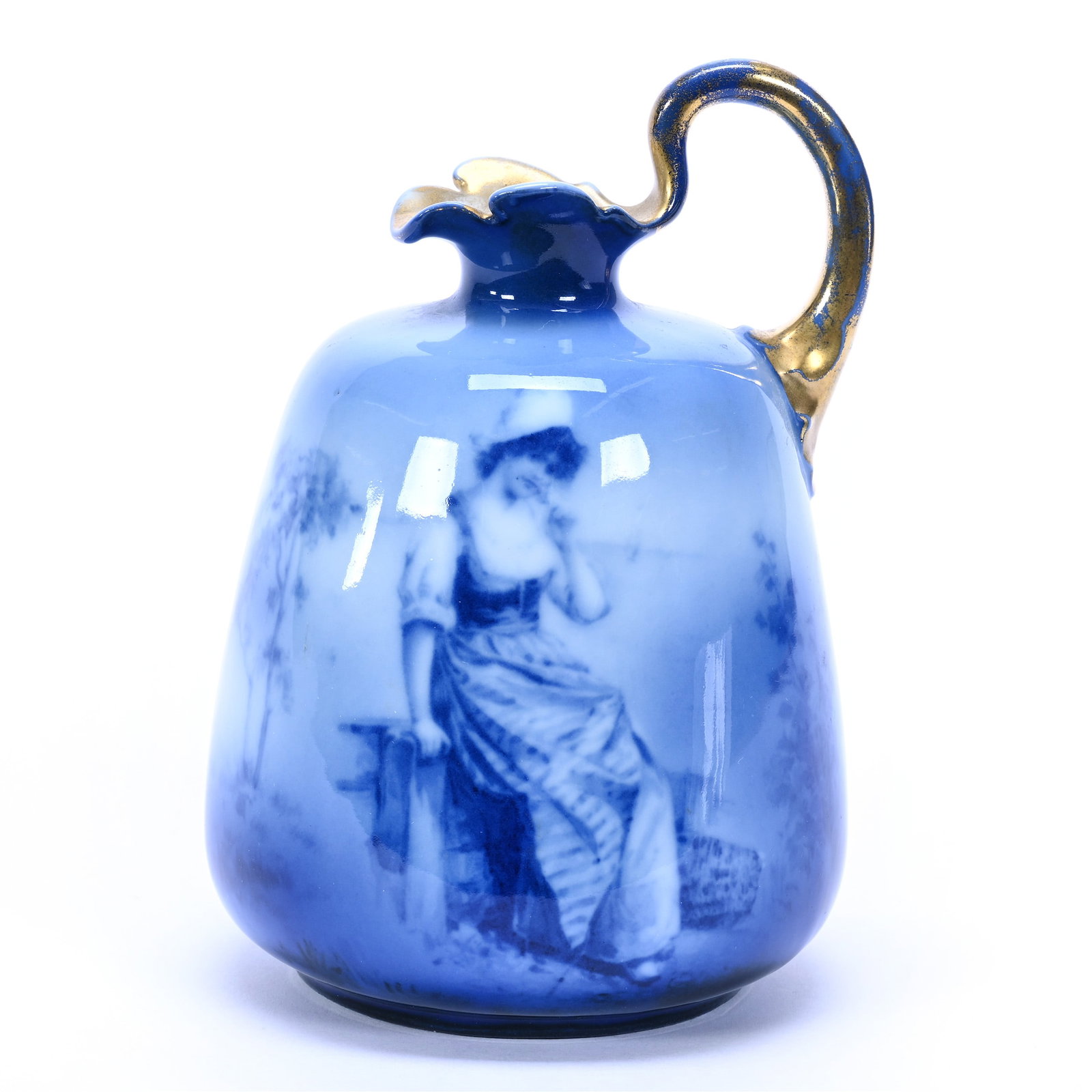 Jug, Royal Bayreuth Blue Mark: Jug, Royal Bayreuth Blue Mark, 6.5" x 4.25", Babes In Woods Blue And White With Scene Of Young Woman, Grady And Annette Hite Collection, NC.