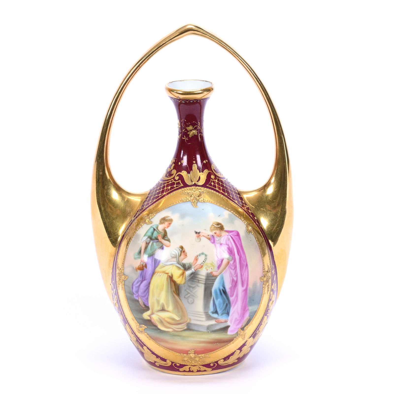 Handled Vase, Marked Beehive, Maroon Background With Traditional Medallion Scenic Decor (1 of 3)