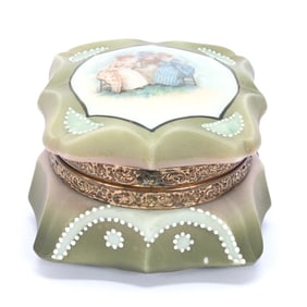 Jewel Box, Marked Nakara, Green And Pink Tones With Three Girls Having Tea Scenic Decor