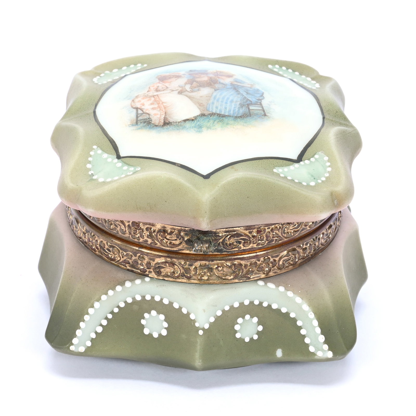Jewel Box, Marked Nakara, Green And Pink Tones With Three Girls Having Tea Scenic Decor: Jewel Box, Marked Nakara, Green And Pink Tones With Three Girls Having Tea Scenic Decor, 3" x 4", White Beaded Enamel Tapestry Highlights, Original Lining, Missing Clasp, Grady And Annette Hite Collec