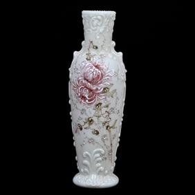Vase, Unmarked Wave Crest, Scroll Mold, Cream Tones With Pink Floral Decor