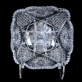 Square Bowl, American Brilliant Cut Glass, Pebble Pattern By J. Hoare, Extra Nice Quality