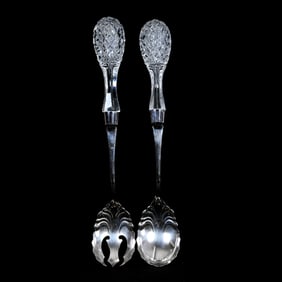 Salad Fork And Spoon, ABCG, Crosscut Diamond Pattern With Silverplate Fittings Marked Dorflinger