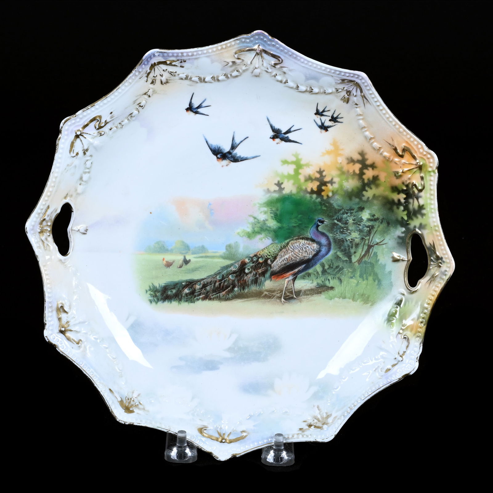 Two Handled Cake Plate, Marked R.S. Prussia, Swag And Tassel Mold, Peacock And Bluebird Scenic Decor (1 of 2)